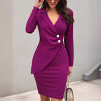 Damen elegantes Wickelkleid mit tiefem V-Ausschnitt und Knopfdetails R&B