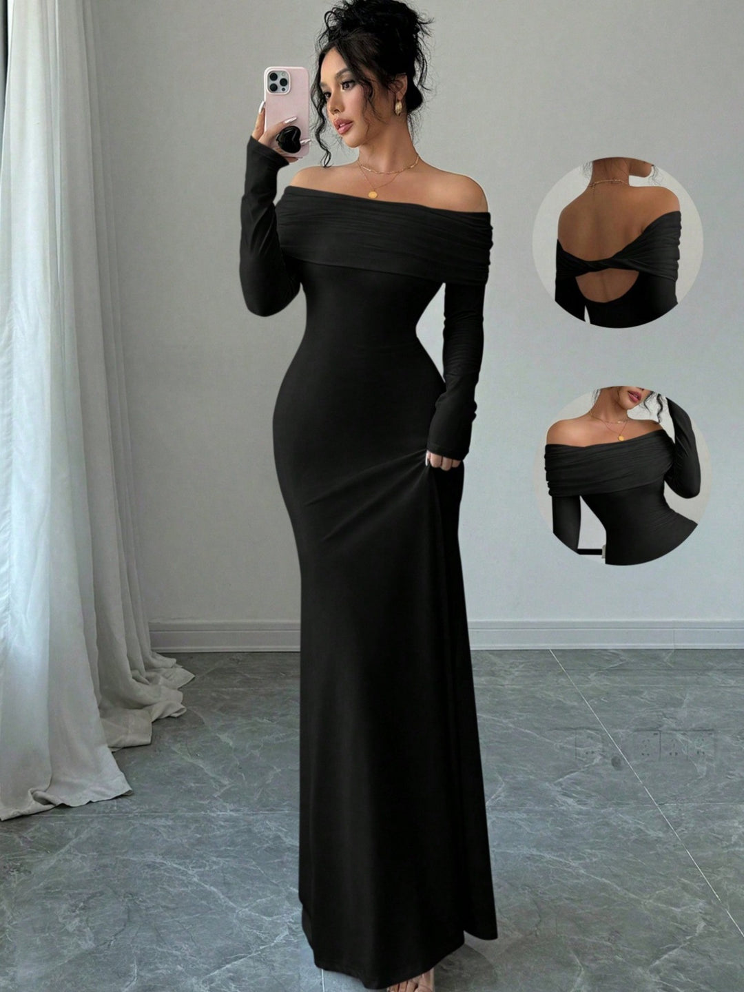 Damen Elegantes und figurbetontes Off-Shoulder Maxikleid mit langen Ärmeln R&B