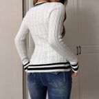 Damen figurbetonter Pullover mit V-Ausschnitt und Streifen R&B