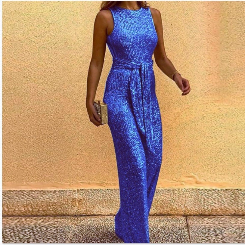 Damen Glitzerndes Maxi-Kleid mit Taillengürtel und elegantem Schnitt R&B