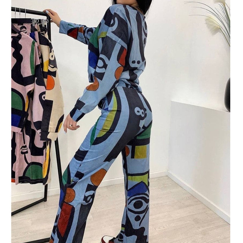 Damen Lässiges Shirt- und Hosen-Set mit buntem grafischen Muster R&B