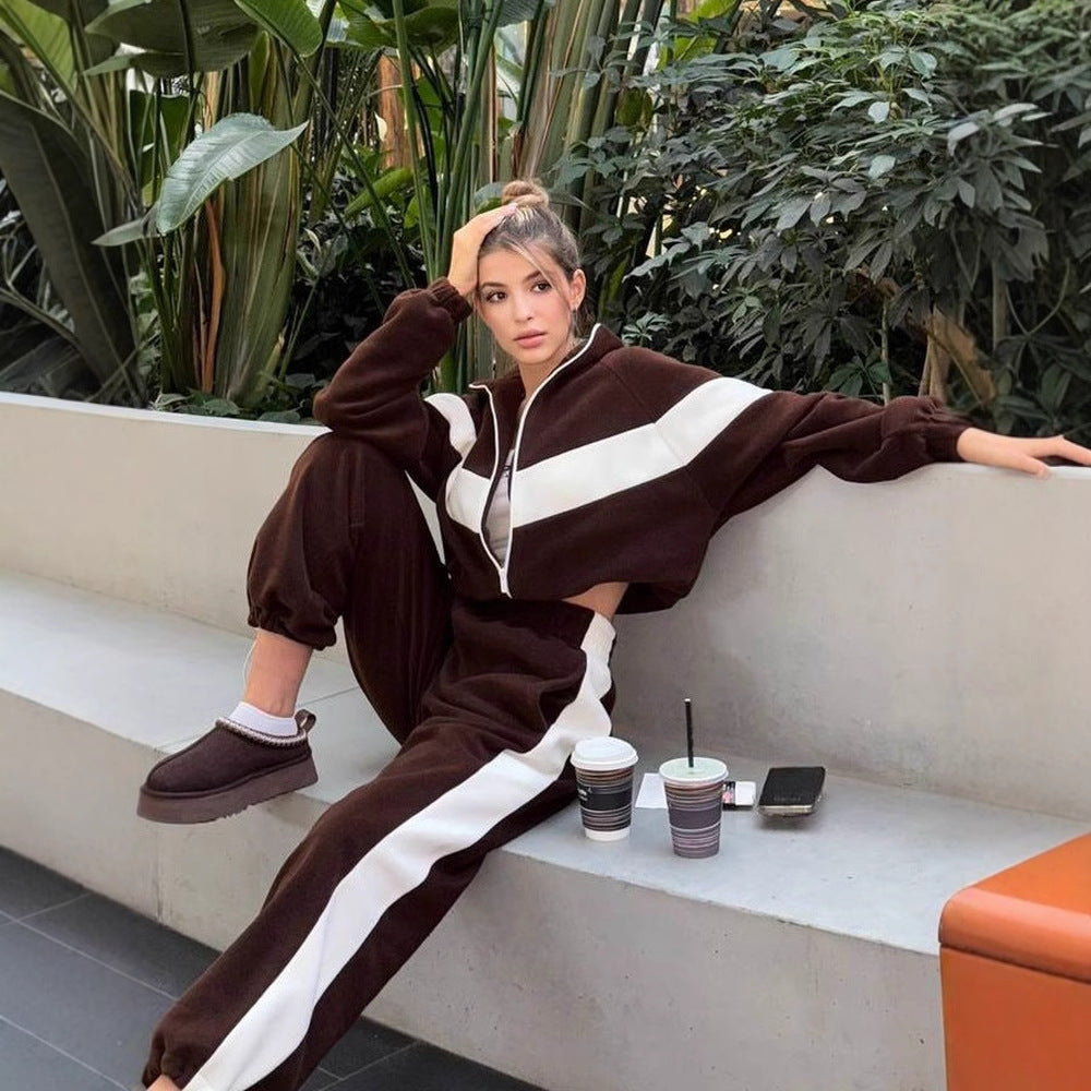 Damen sportliches Fleece-Set mit Reißverschluss und kontrastierenden Seiteneinsätzen R&B