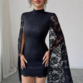 Damen nan tailliertes Spitzen-Minikleid mit hohem Stehkragen und dramatischen Cape-Ärmeln R&B