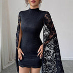 Damen nan tailliertes Spitzen-Minikleid mit hohem Stehkragen und dramatischen Cape-Ärmeln R&B