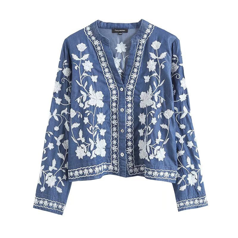 Damen bestickte Bluse im Vintage-Stil mit elegantem Kragen und Druckknopfverschluss R&B
