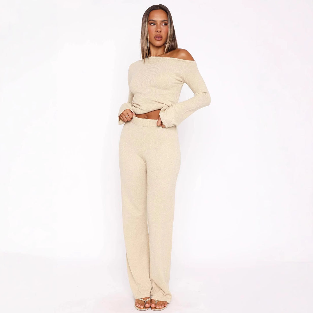 Damen elegantes Strick-Set mit Off-Shoulder-Oberteil und weiter Hose R&B