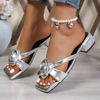 Damen offene Sandalen mit trendigem Blumenapplikationsdesign und komfortablem Blockabsatz R&B