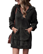 Damen Fleece-Kapuzenkleid mit Taschen und Reißverschluss