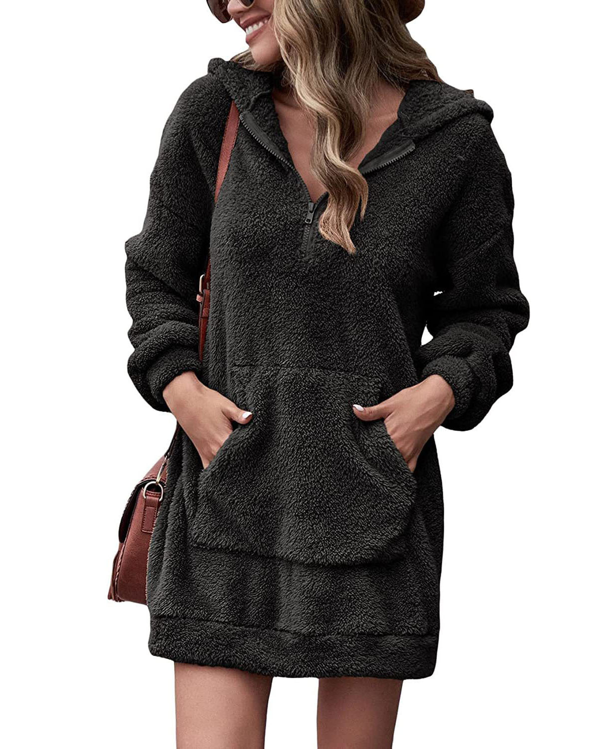 Damen Fleece-Kapuzenkleid mit Taschen und Reißverschluss
