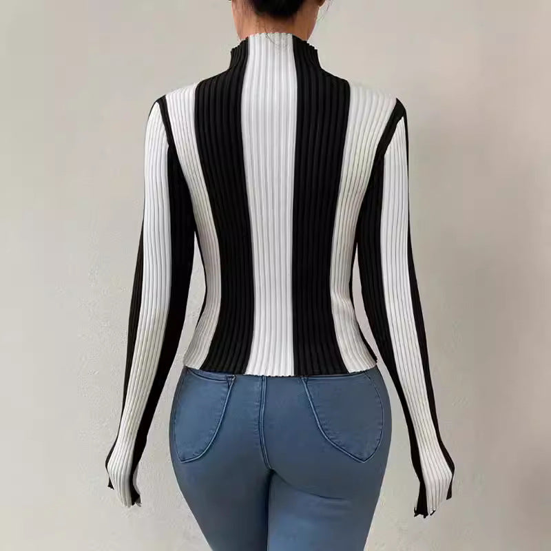 Damen Langarmshirt mit strukturiertem Rippmuster und hohem Kragen R&B