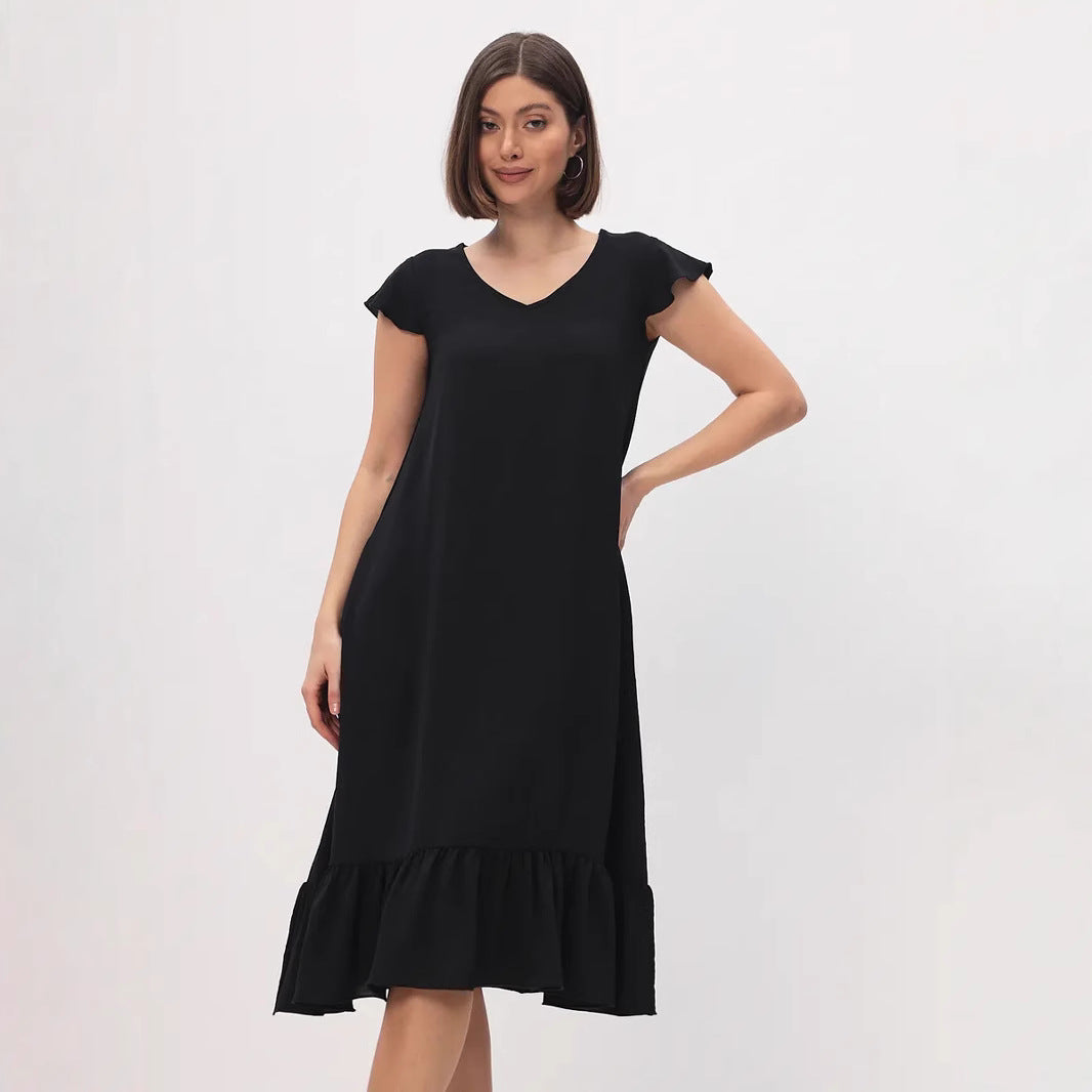 Damen Midi-Kleid mit modischem V-Ausschnitt und Rüschensaum R&B