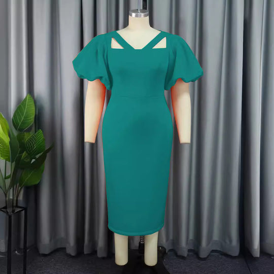Damen Figurbetontes Kleid mit voluminösen Puffärmeln und innovativem Ausschnitt R&B
