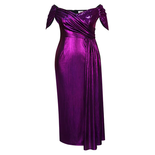 Damen glamouröses Abendkleid mit glänzendem Oberteil und eleganter Drapierung R&B