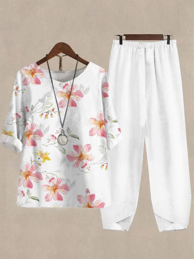 Damen Freizeit Oberteil mit floralem Muster und bequemer Hose R&B