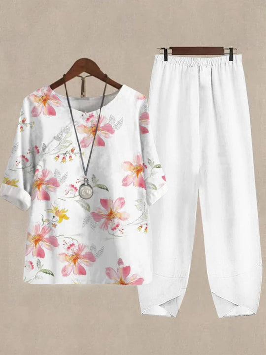 Damen Freizeit Oberteil mit floralem Muster und bequemer Hose R&B