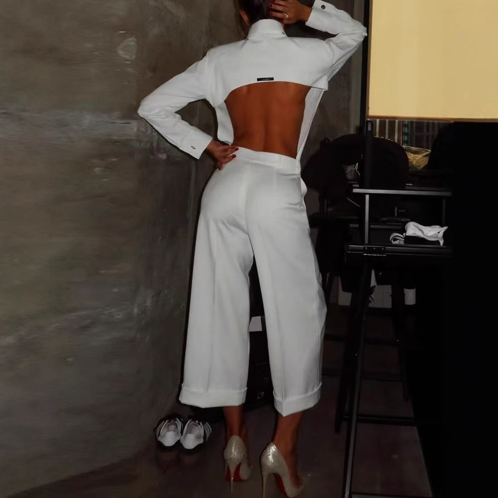 Damen Eleganter Jumpsuit mit weitem Bein und klassischem Kragen R&B