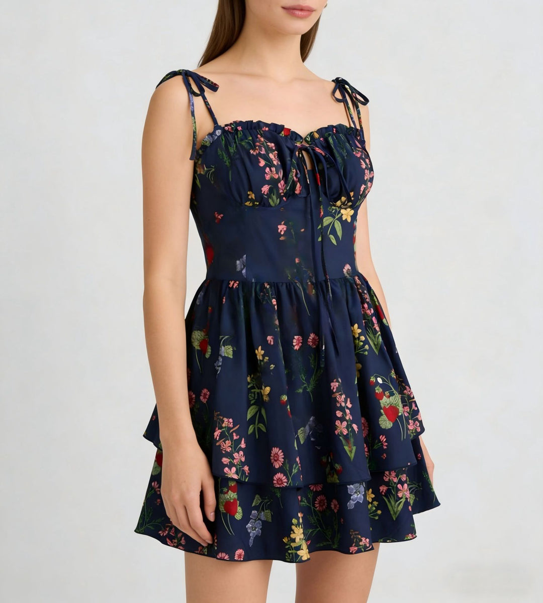 Damen Minikleid mit Blumenmuster und bordeauxfarbenem Unterrock R&B