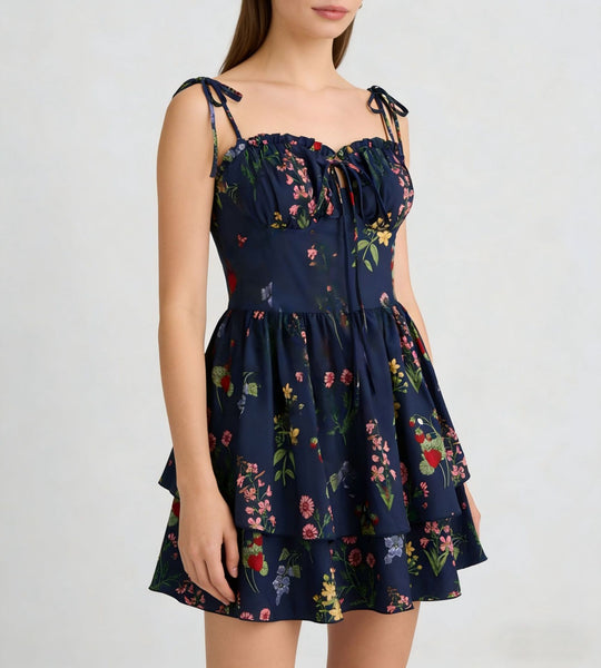 Damen Minikleid mit Blumenmuster und bordeauxfarbenem Unterrock R&B