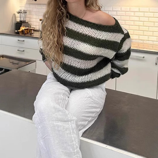 Damen Strickpullover mit breitem Streifenmuster und voluminösen Ärmeln R&B