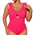 Damen Einteiler Badeanzug mit dekorativen Rüschendetails und modernem Cut-Out
