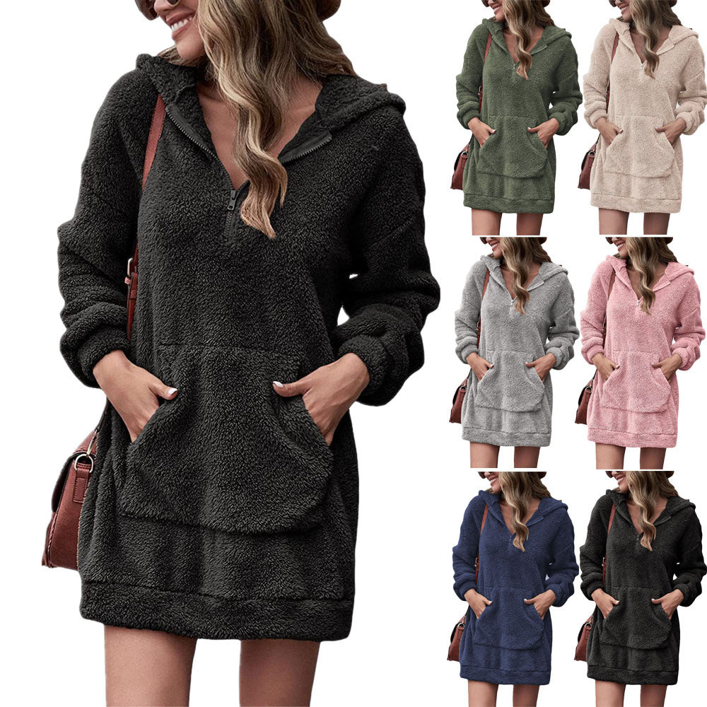 Damen kuscheliges Fleece-Kleid mit Kapuze und Taschen R&B