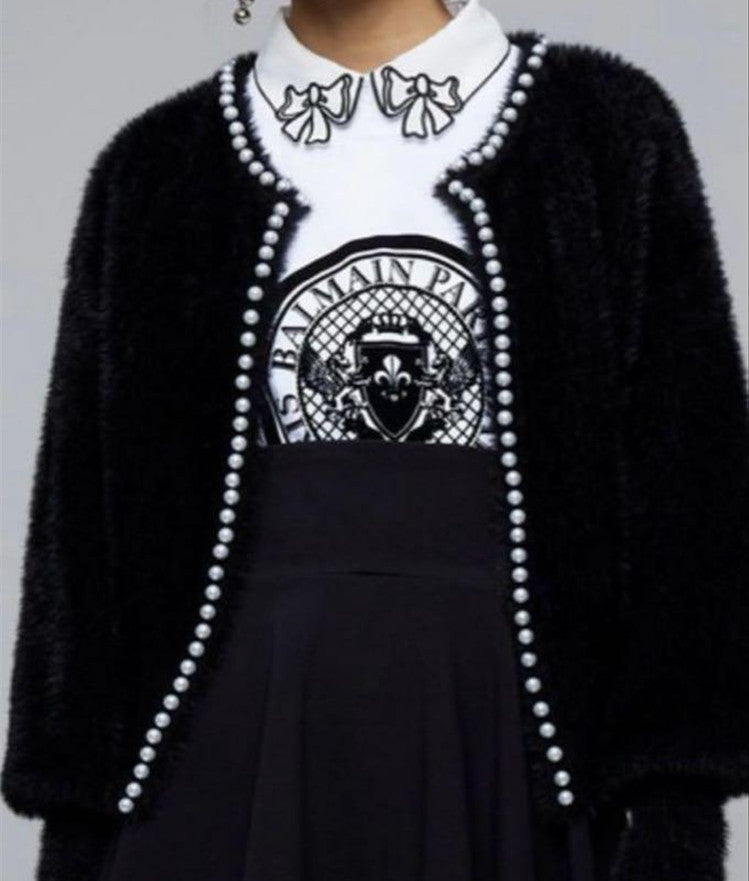 Strickjacke Damen flauschig mit Perlenverzierung