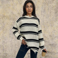Damen Grob gestrickter Oversized Pullover mit Fransen und Querstreifen R&B