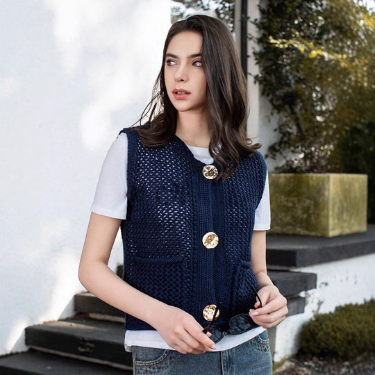 Damen Strickweste mit Taschen und dekorativen Knopfdetails R&B