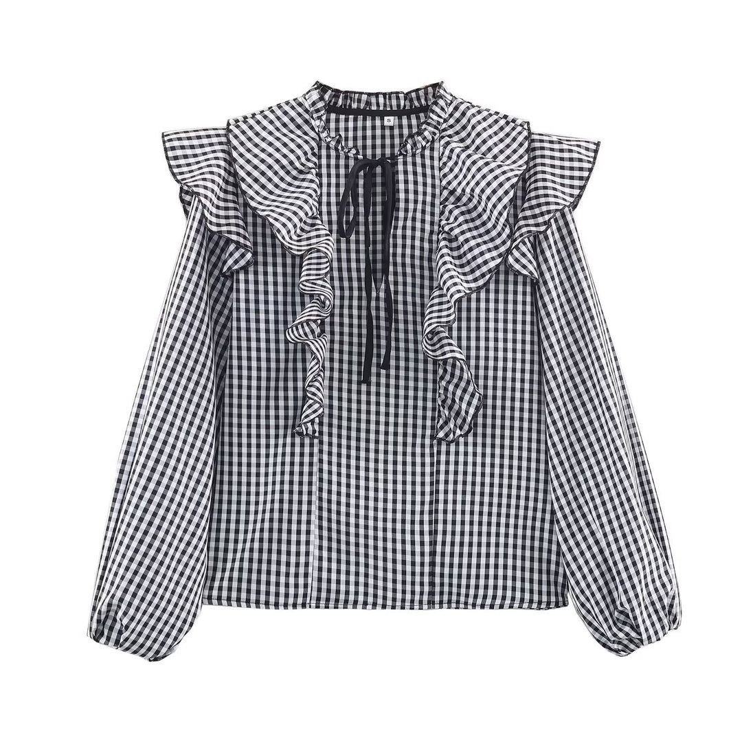 Damen Rüschenshirt mit klassischen Karomuster und eleganten Bindebändern R&B
