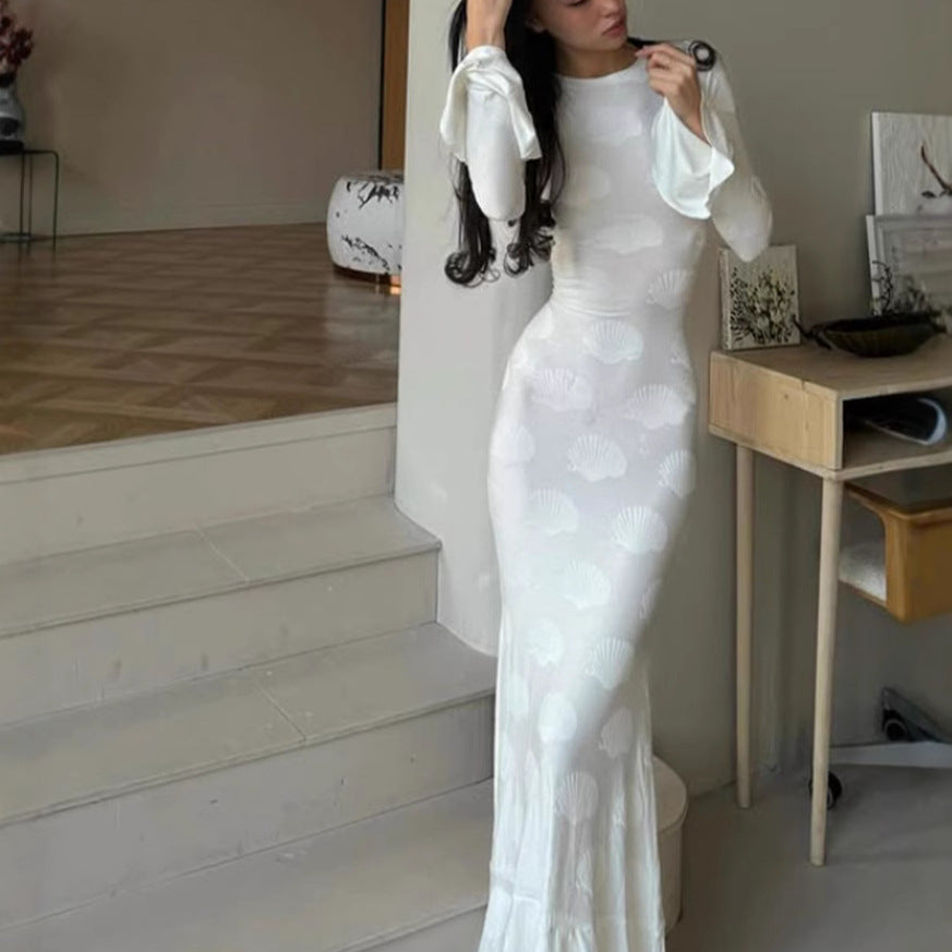 Damen figurbetontes Langkleid mit schickem Muschel-Design und elegantem Ärmelabschluss R&B