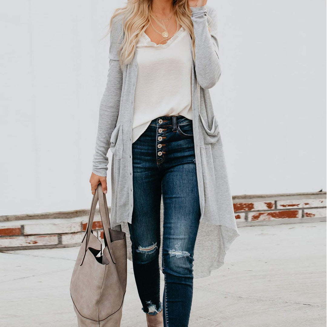 Damen Langer Strickcardigan mit Knöpfen und Taschen R&B