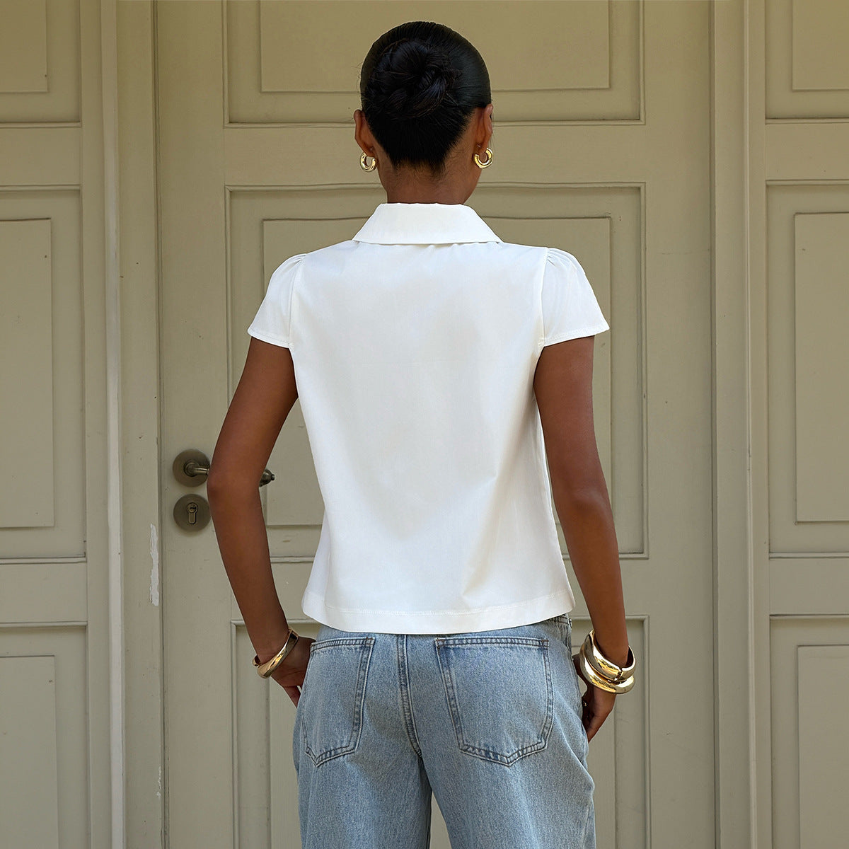 Damen elegante Bluse mit schicken Knopfdetails und Kragen R&B