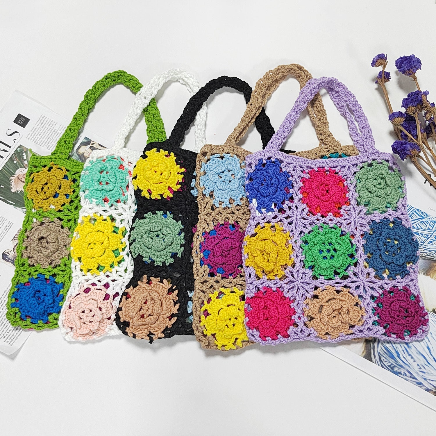Damen gehäkelte Handtasche mit buntem Blumenmuster R&B