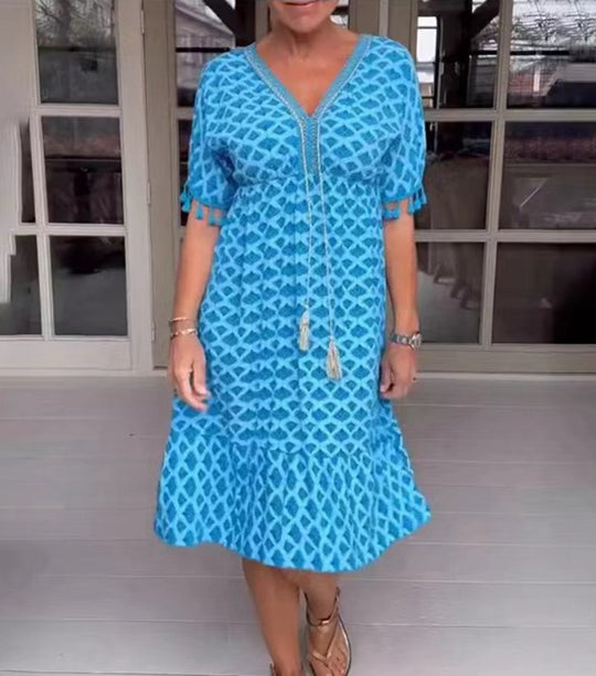 Damen Sommerliches Kleid mit fransierten Ärmeln und elegantem V-Ausschnitt Heidi-Mode