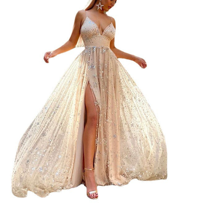 Damen Funkelndes Chiffon Abendkleid mit tiefem Schlitz und transparentem Rock R&B