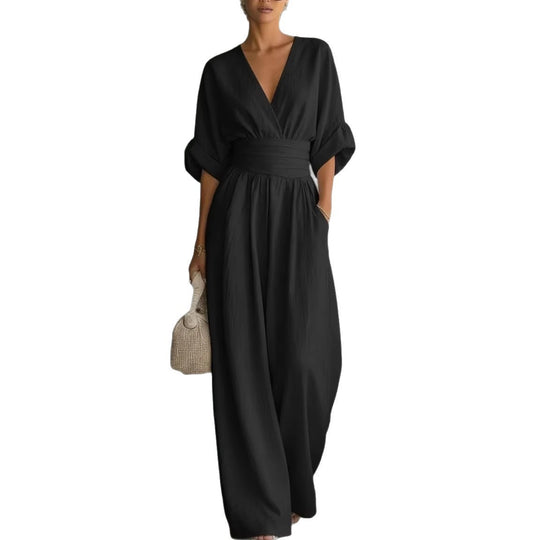 Damen Jumpsuit mit elegantem V-Ausschnitt und weitem Bein R&B