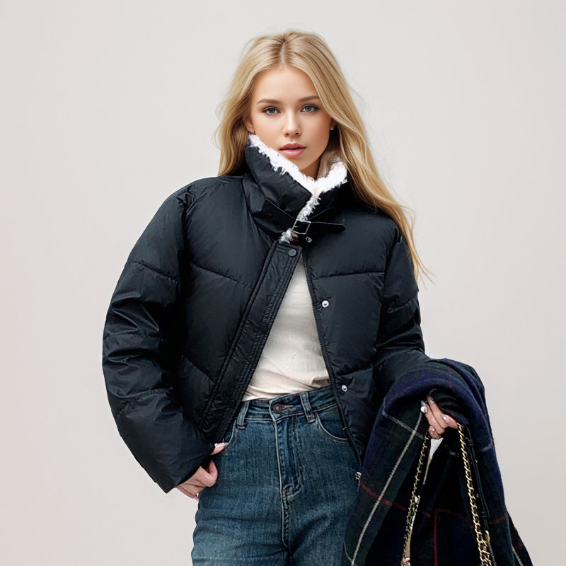 Damen kurze, gefütterte Winterjacke mit elegantem Kunstfellkragen R&B