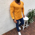 Herren elegantes Langarmshirt mit V-Ausschnitt und figurbetontem Schnitt R&B