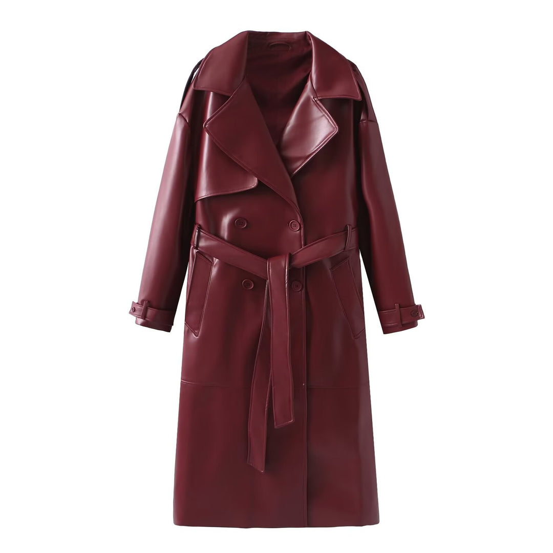 Damen Kunstleder-Trenchcoat mit modischem Schnitt und praktischen Taschen R&B
