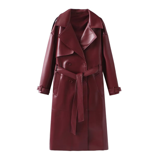 Damen Kunstleder-Trenchcoat mit modischem Schnitt und praktischen Taschen R&B