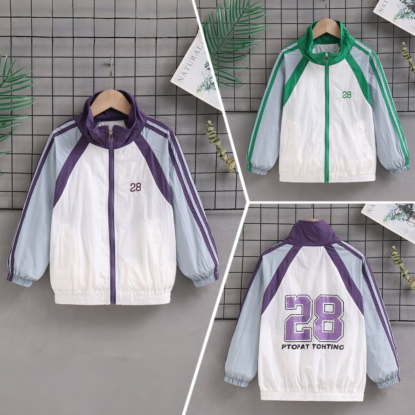 Unisex nan leichte Retro Windjacke mit Stehkragen, durchgehendem Reißverschluss und markanten Kontraststreifen R&B