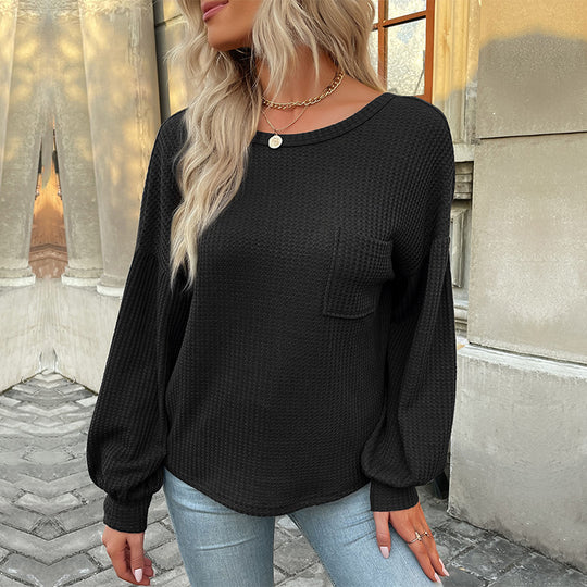 Damen Lässiger Langarmshirt mit strukturiertem Design und dekorativem Taschen R&B