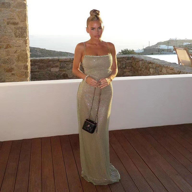 Damen Figurbetontes Maxikleid mit glitzerndem Effekt und schulterfreiem Design R&B