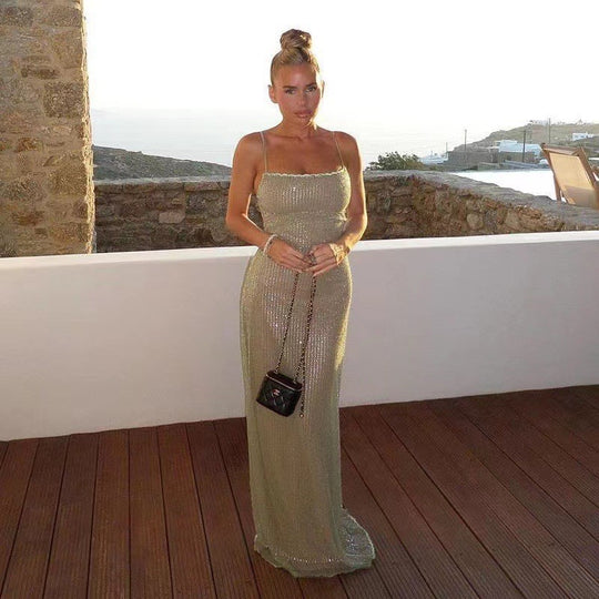 Damen Figurbetontes Maxikleid mit glitzerndem Effekt und schulterfreiem Design R&B