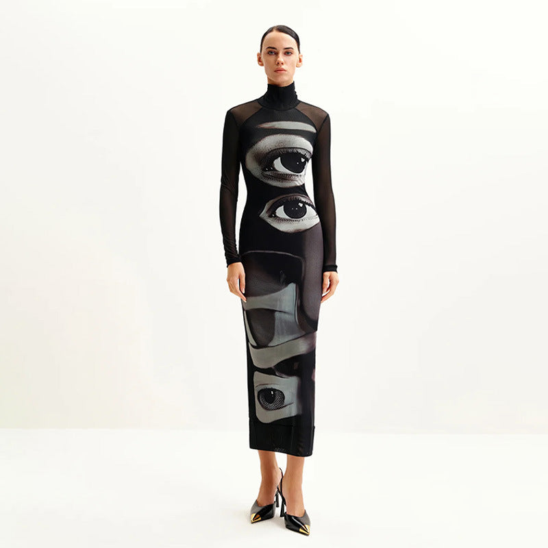 Damen Langarm Maxikleid mit grafischem Muster und hochgeschlossenem Kragen R&B