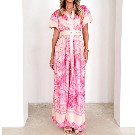 Damen Maxikleid mit floralem Print und eleganter Knopfleiste R&B