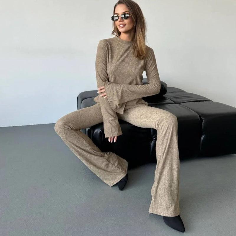 Damen lässiges Strickoberteil und Flared Hose Set R&B
