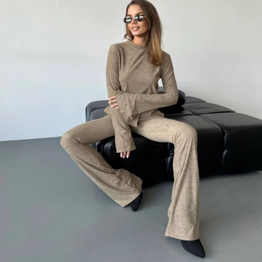 Damen lässiges Strickoberteil und Flared Hose Set R&B