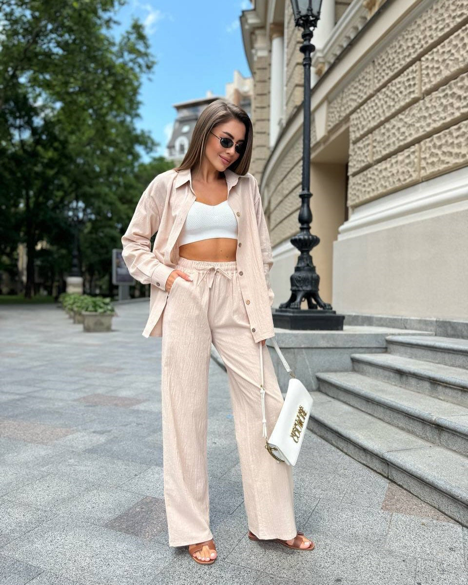 Damen elegantes und trendiges Zweiteiliges Set aus Hemd und weitem Hosen R&B