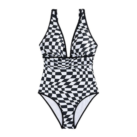 Damen Einteiler Badeanzug mit modernem Schachbrettdesign R&B